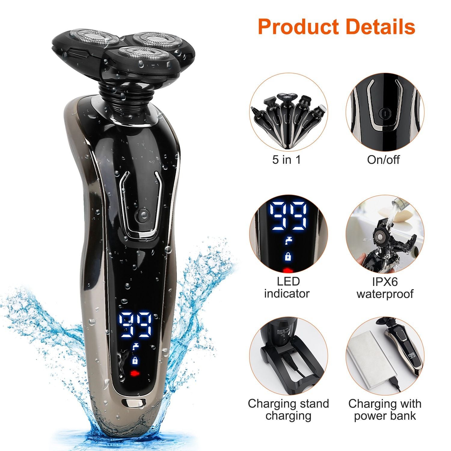 High-quality 5-in-1 electric shaver with IPX6 waterproof design, LED indicator, and charging stand, showcasing innovative shaving technology and ergonomic style.