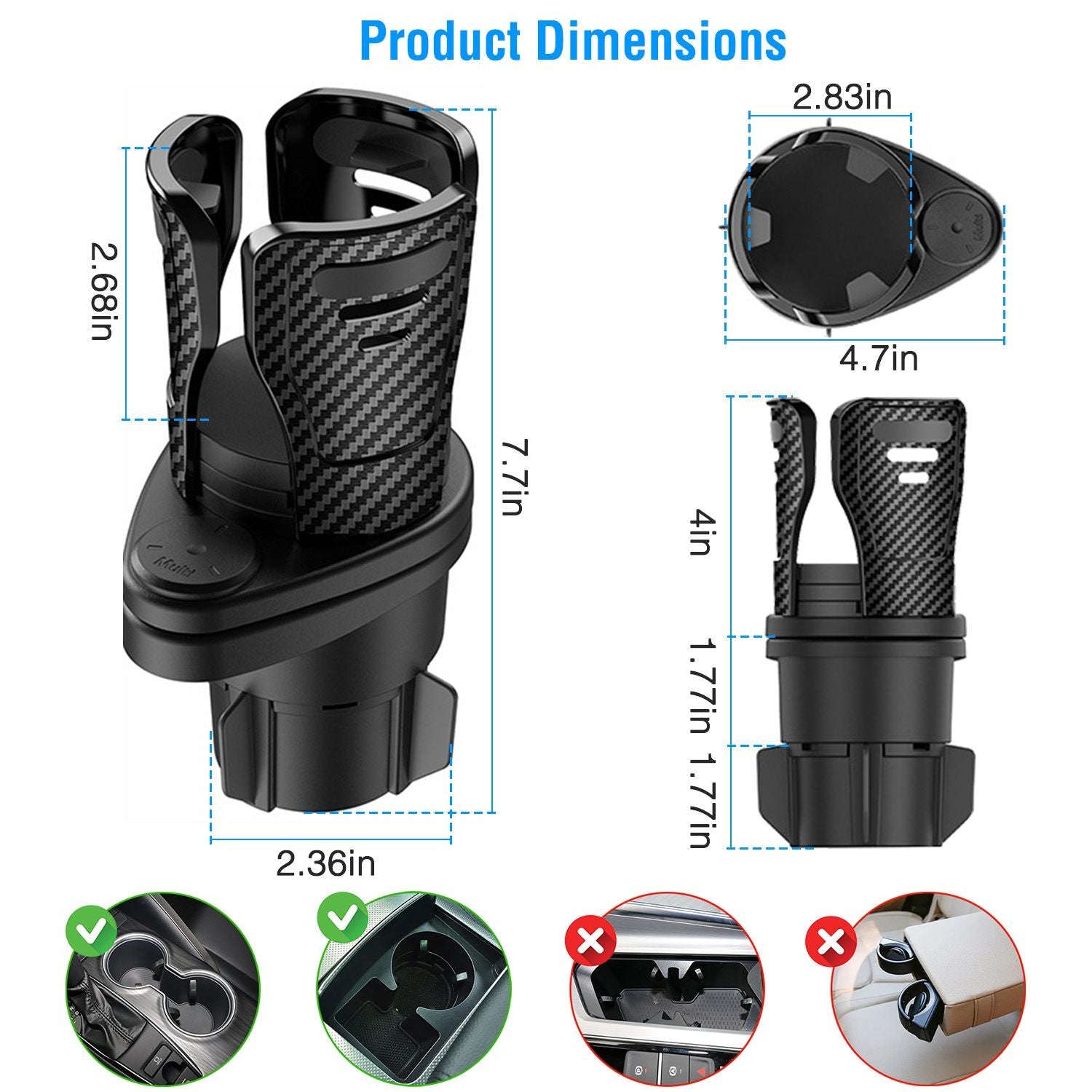 Product dimensions image of a versatile car cup holder adapter, featuring a sleek carbon fiber design with measurements for height, width, and fitting compatibility highlighted.