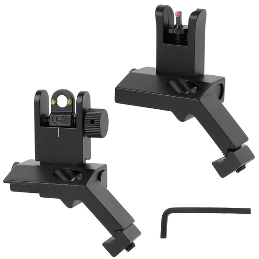 Adjustable black metal gun sights with green and red fiber optics, featuring elevation and windage adjustment knobs, accompanied by an Allen wrench for installation.