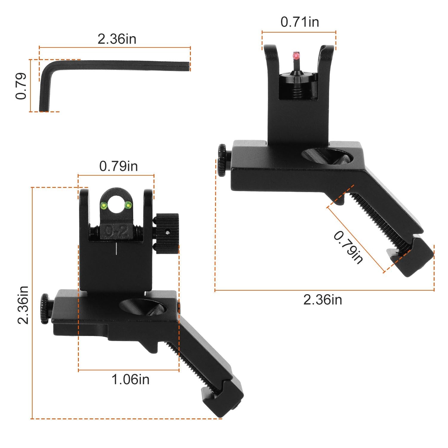 Adjustable black sight tool with green and red dot indicators, designed for precision firearm aiming, showcasing dimensions of 2.36 x 1.06 x 0.79 inches and including an Allen wrench for adjustments.