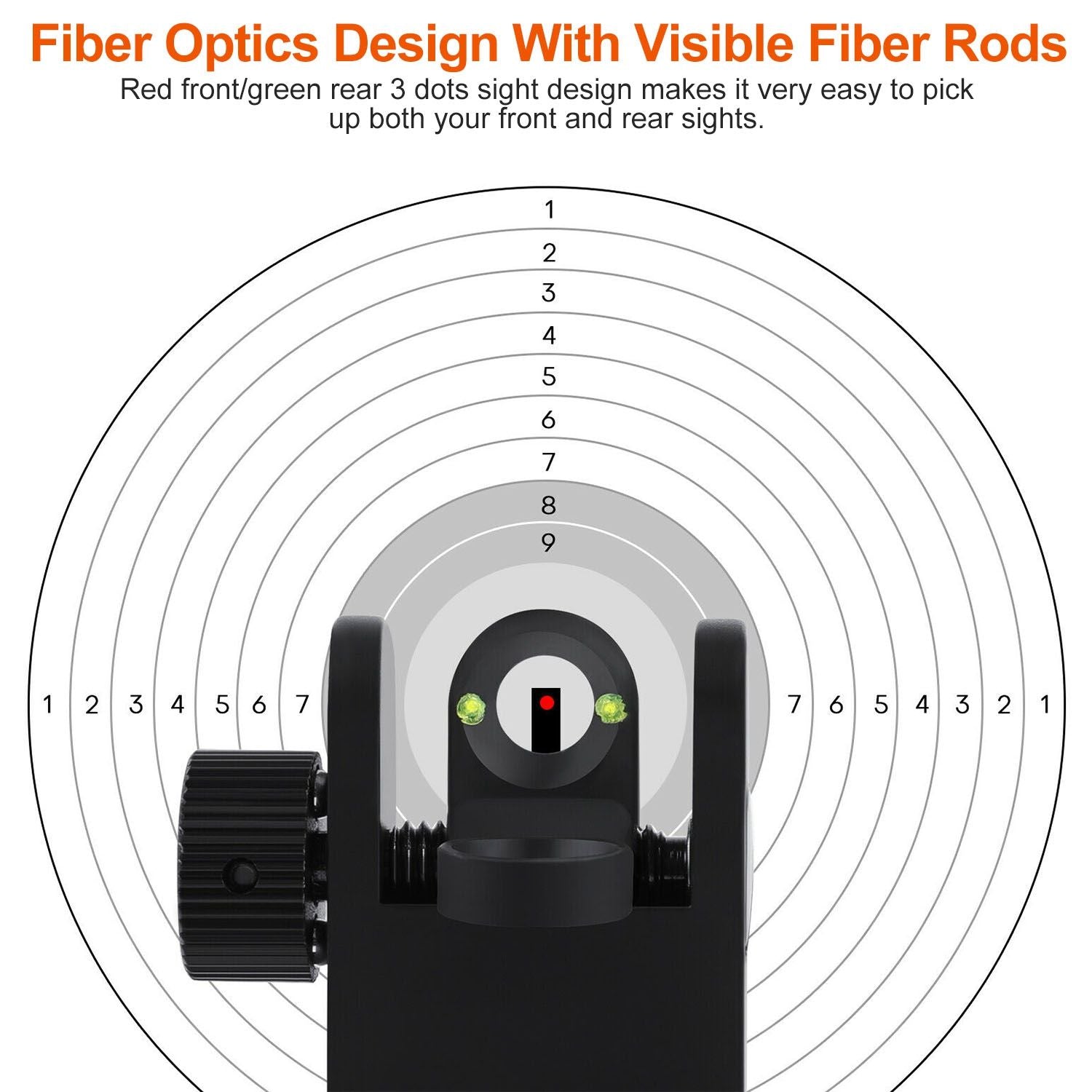 Front view of a fiber optic sight featuring a red front dot and green rear dots, designed for enhanced visibility and quick target acquisition, displayed against a concentric circular target backdrop.