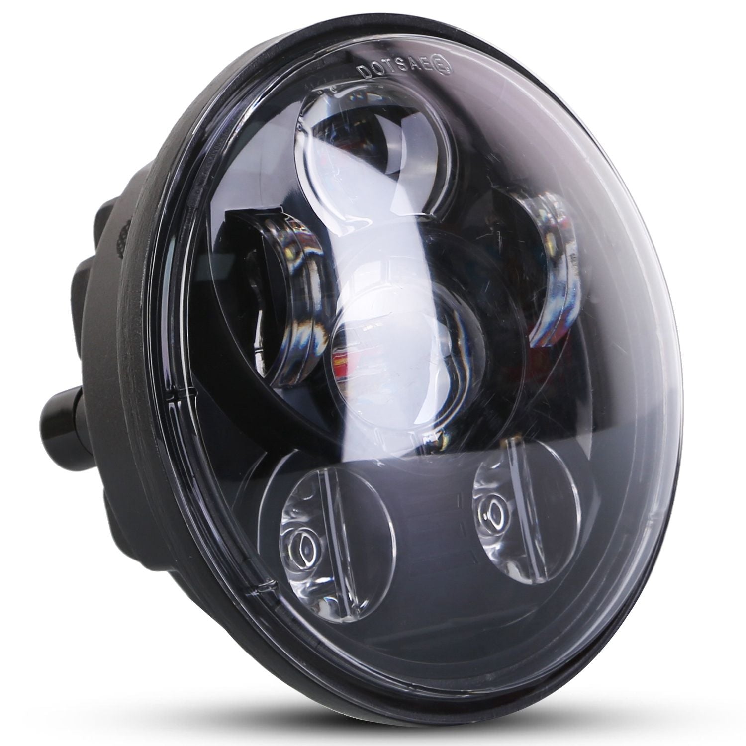 LED motorcycle headlight with round design, featuring three bright bulbs for enhanced visibility and a durable black casing.
