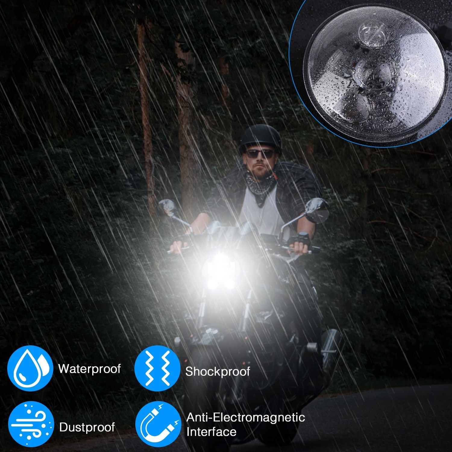 High-performance motorcycle headlight in rainy conditions, showcasing waterproof, shockproof, and dustproof features, ideal for enhanced visibility and safety during night rides.