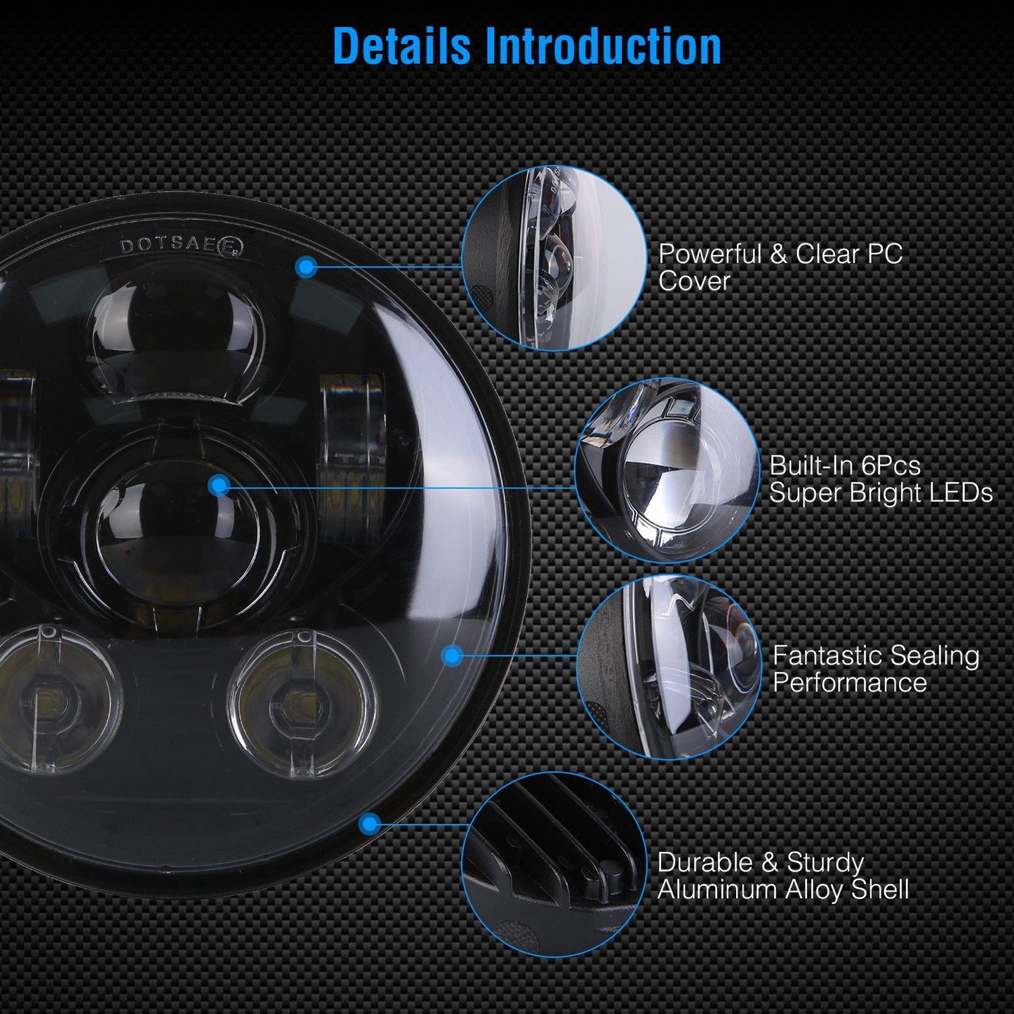 LED headlight with clear PC cover, six super bright LEDs, and durable aluminum alloy shell, featuring a design for excellent sealing performance.