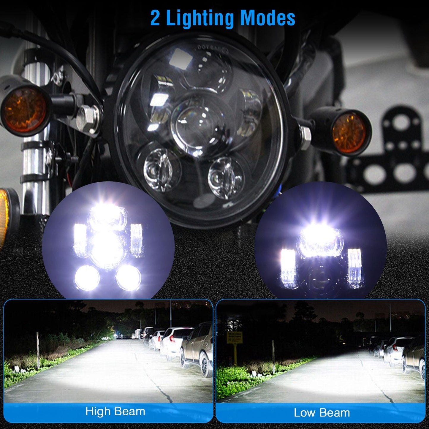 LED motorcycle headlight with 2 lighting modes: high beam and low beam, showcasing illumination comparison on a road.