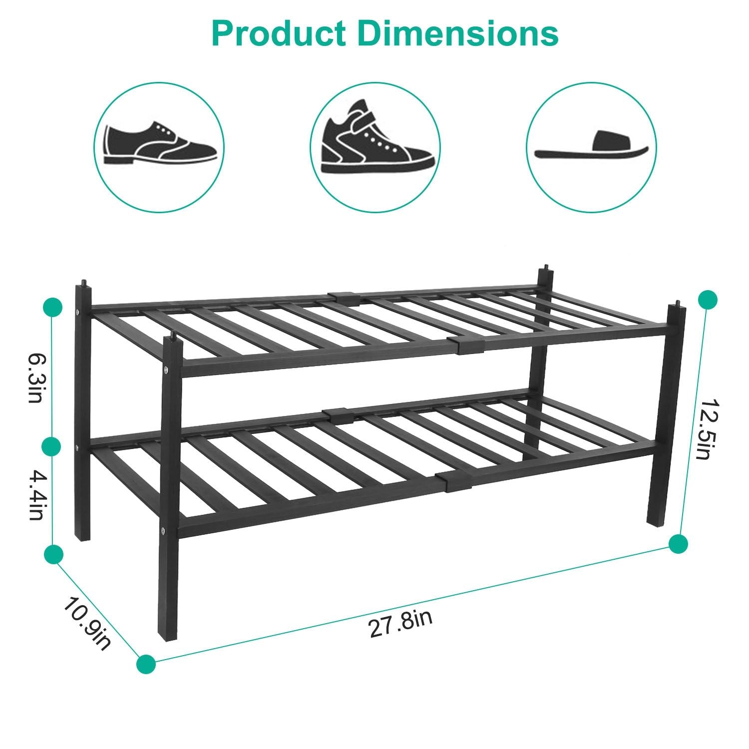 Metal shoe rack with two shelves, dimensions displayed: 27.8 inches wide, 12.5 inches high, and varying depths of 4.4 to 10.9 inches, designed for organization and storage.