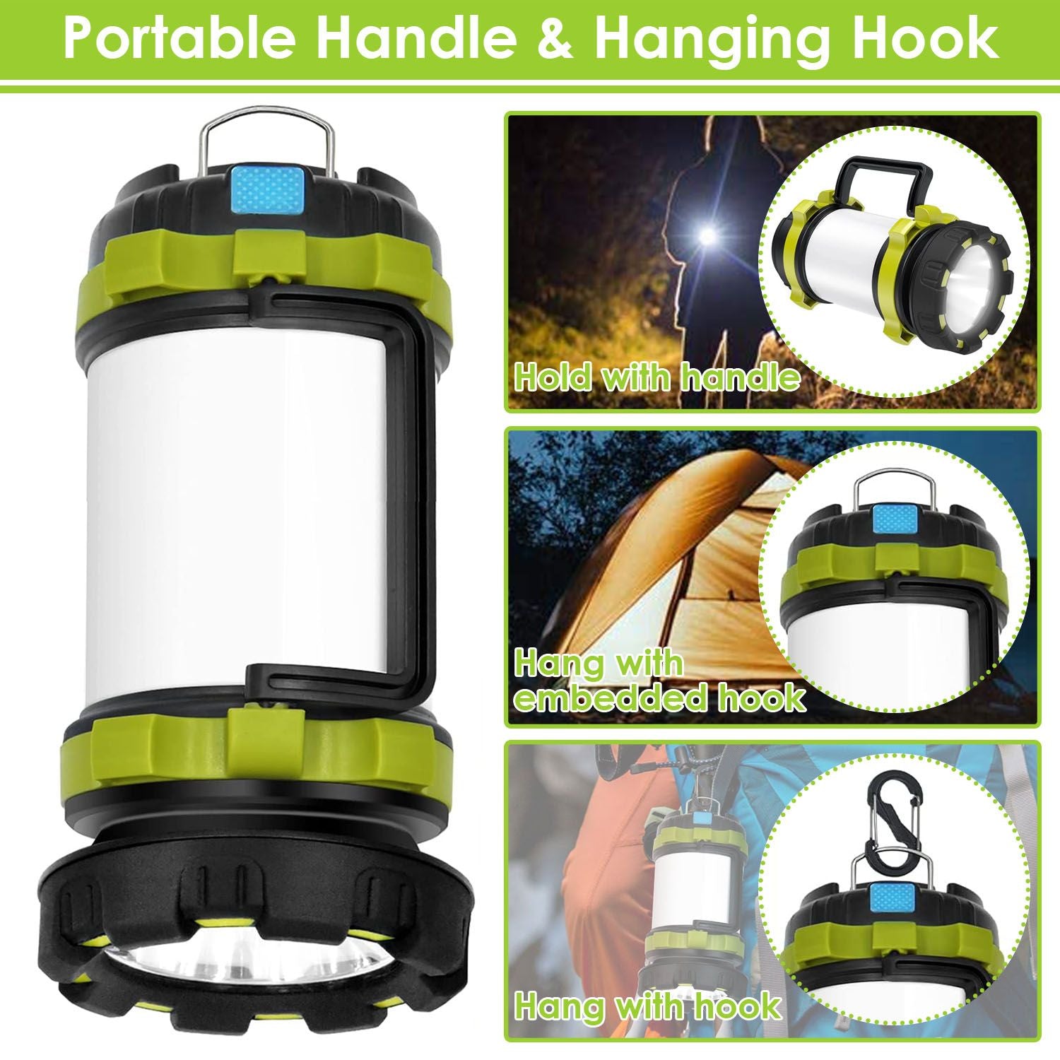 Portable lantern with a black and green design, featuring a handle for easy carrying and an embedded hook for convenient hanging, ideal for camping and outdoor activities.