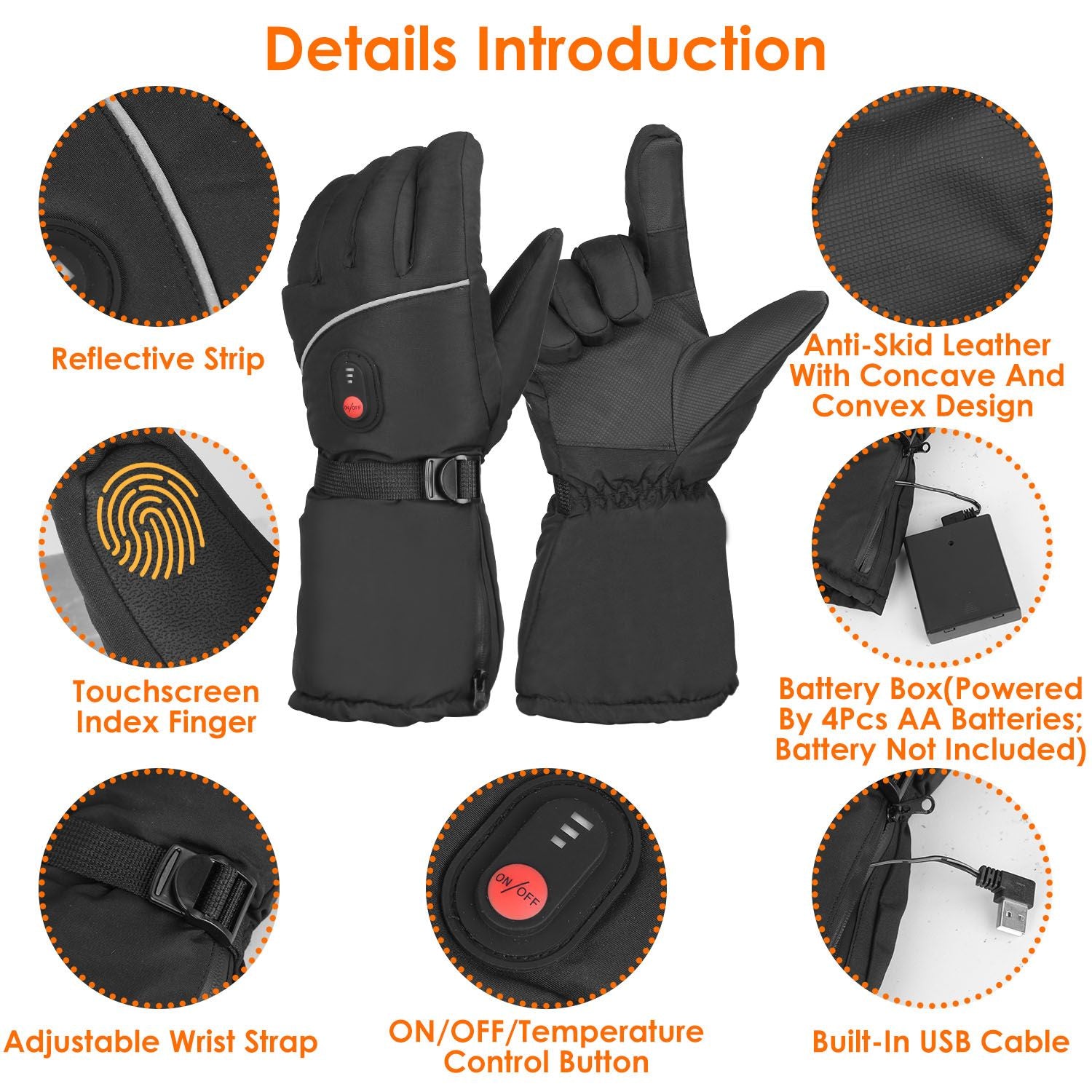 Thermal touchscreen gloves with adjustable wrist strap, anti-skid leather, battery box, and reflective strip for enhanced visibility.