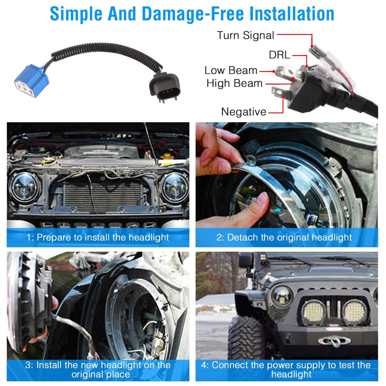Image showing a step-by-step guide for installing a new headlight in a vehicle, including detaching the original headlight and connecting the power supply for testing.