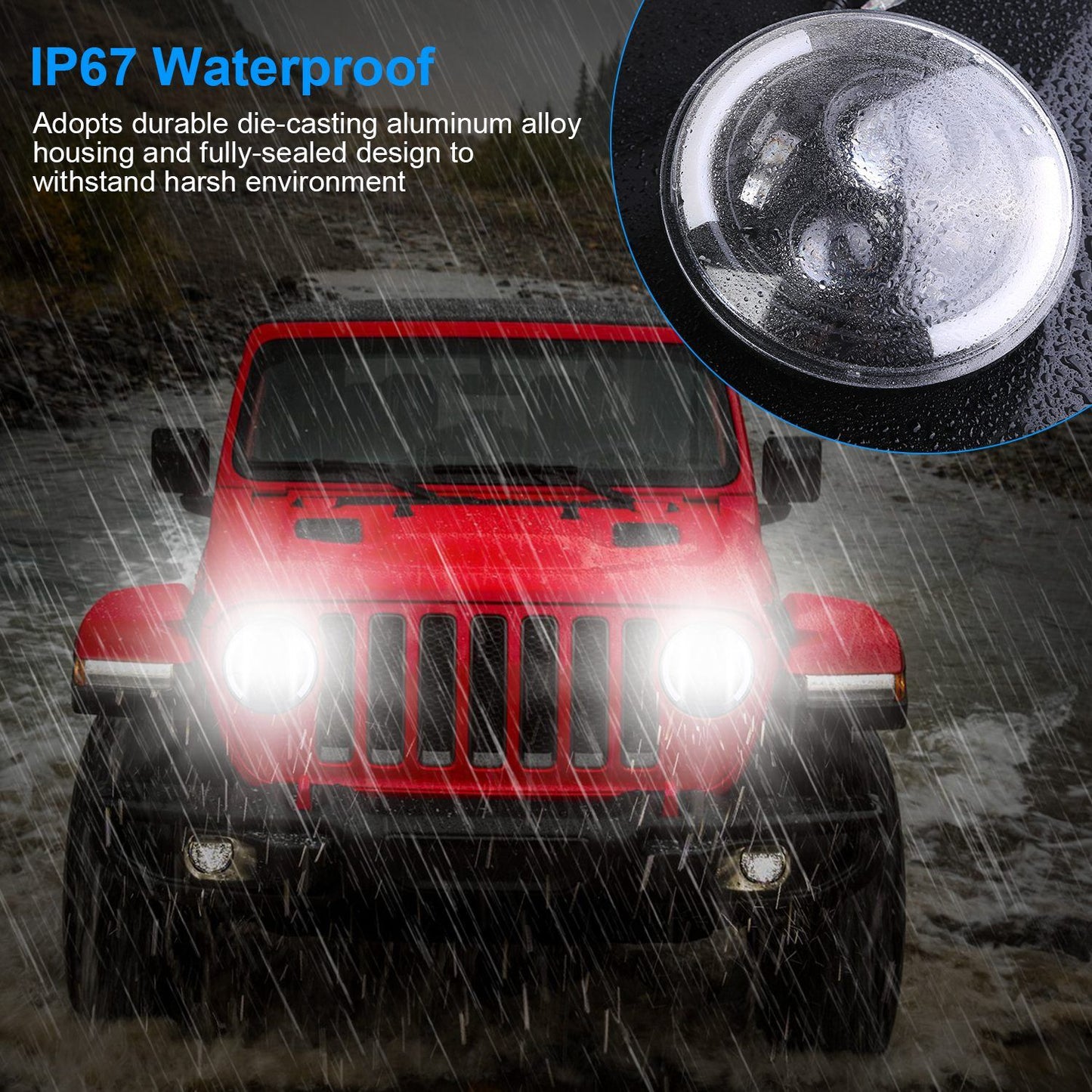 IP67 waterproof LED fog light attached to a red Jeep driving through heavy rain, showcasing its rugged design and durability in harsh conditions.