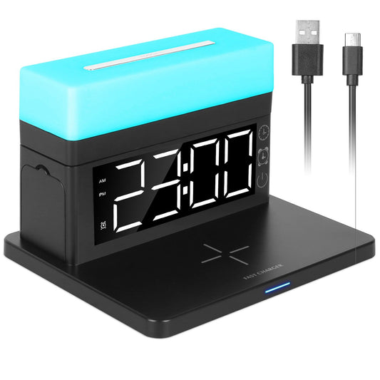Stylish digital alarm clock with large LED display, teal night light on top, and wireless charging pad, shown with USB charging cables.