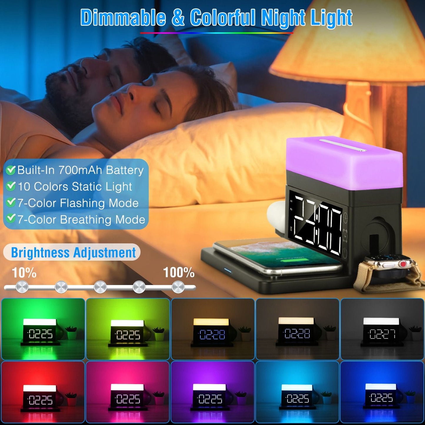 Dimmable and colorful night light with a digital clock display, featuring a built-in 700mAh battery, adjustable brightness, and multiple static and breathing color modes. Perfect for enhancing your sleep environment.
