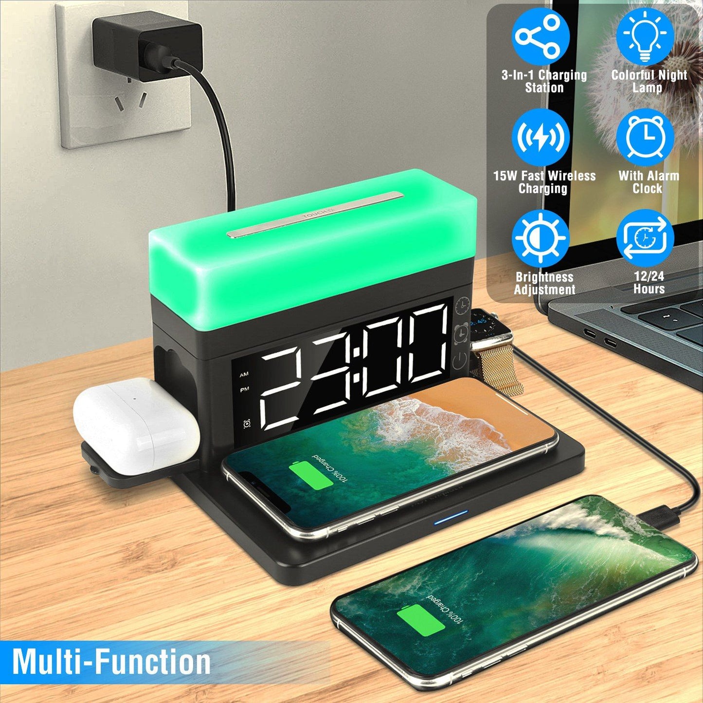 Multi-functional 3-in-1 charging station with alarm clock, colorful night lamp, and 15W fast wireless charging, featuring two smartphones and AirPods on a wooden desk.