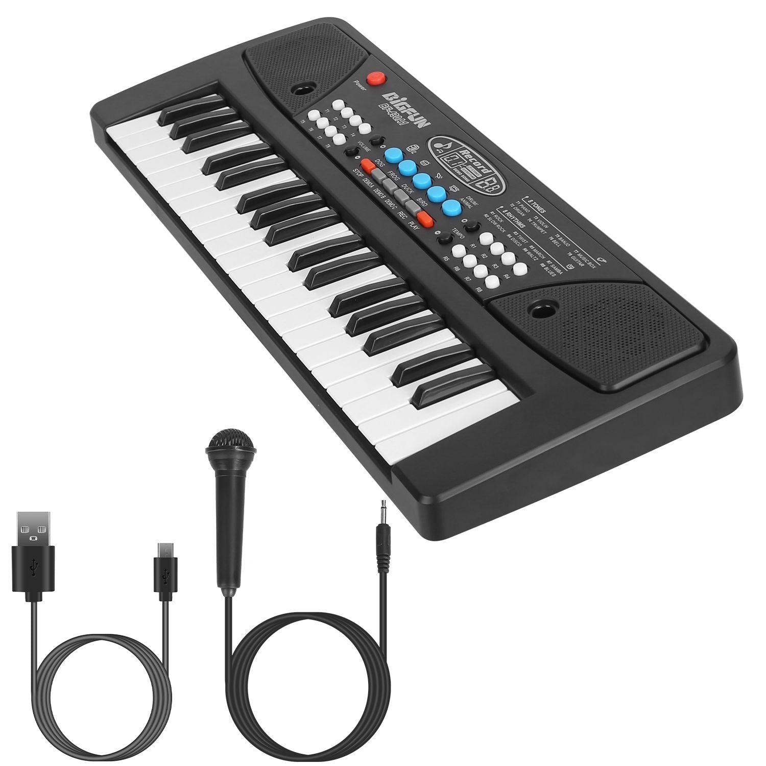 Black portable keyboard with white keys, colorful control buttons, and included microphone and cables for music creation and performance.