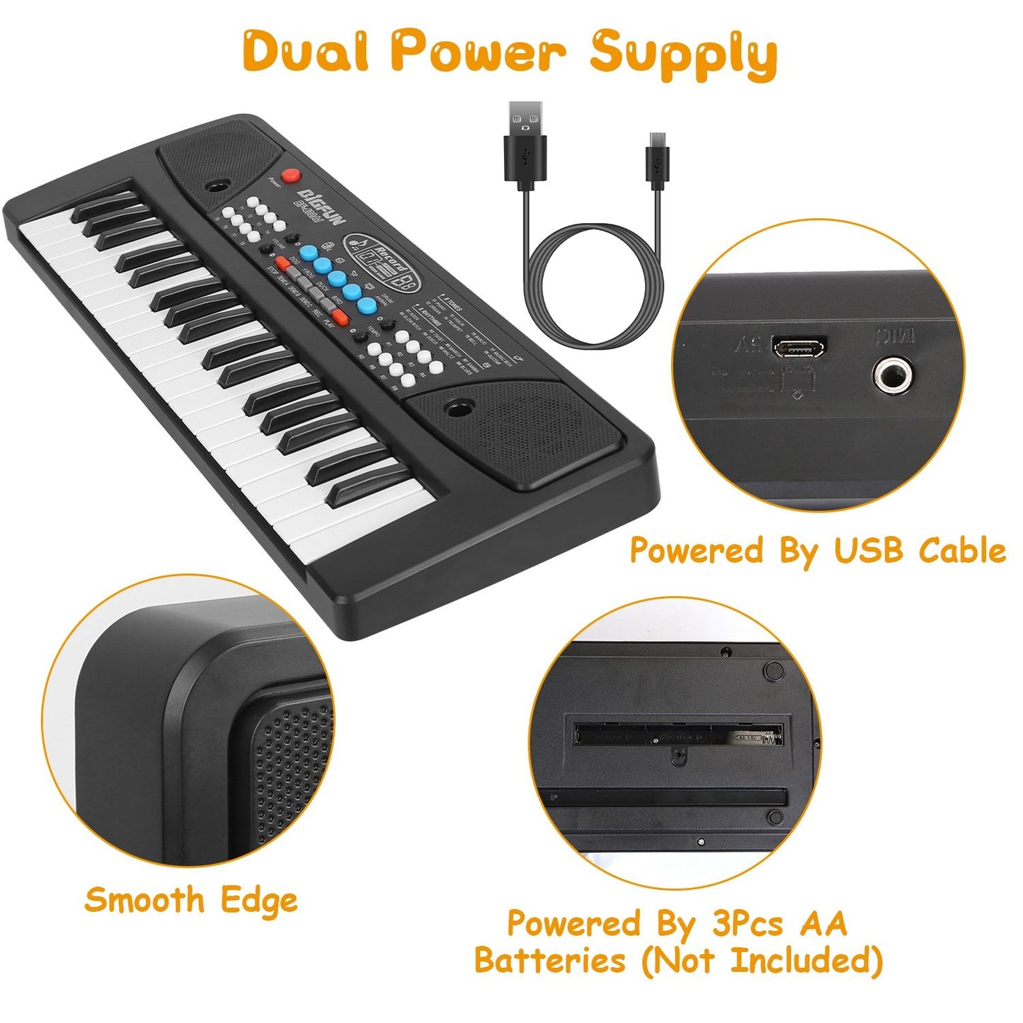 Compact black electronic keyboard with dual power supply options, featuring USB charging and 3 AA battery compatibility, smooth edges, and a variety of sound buttons.