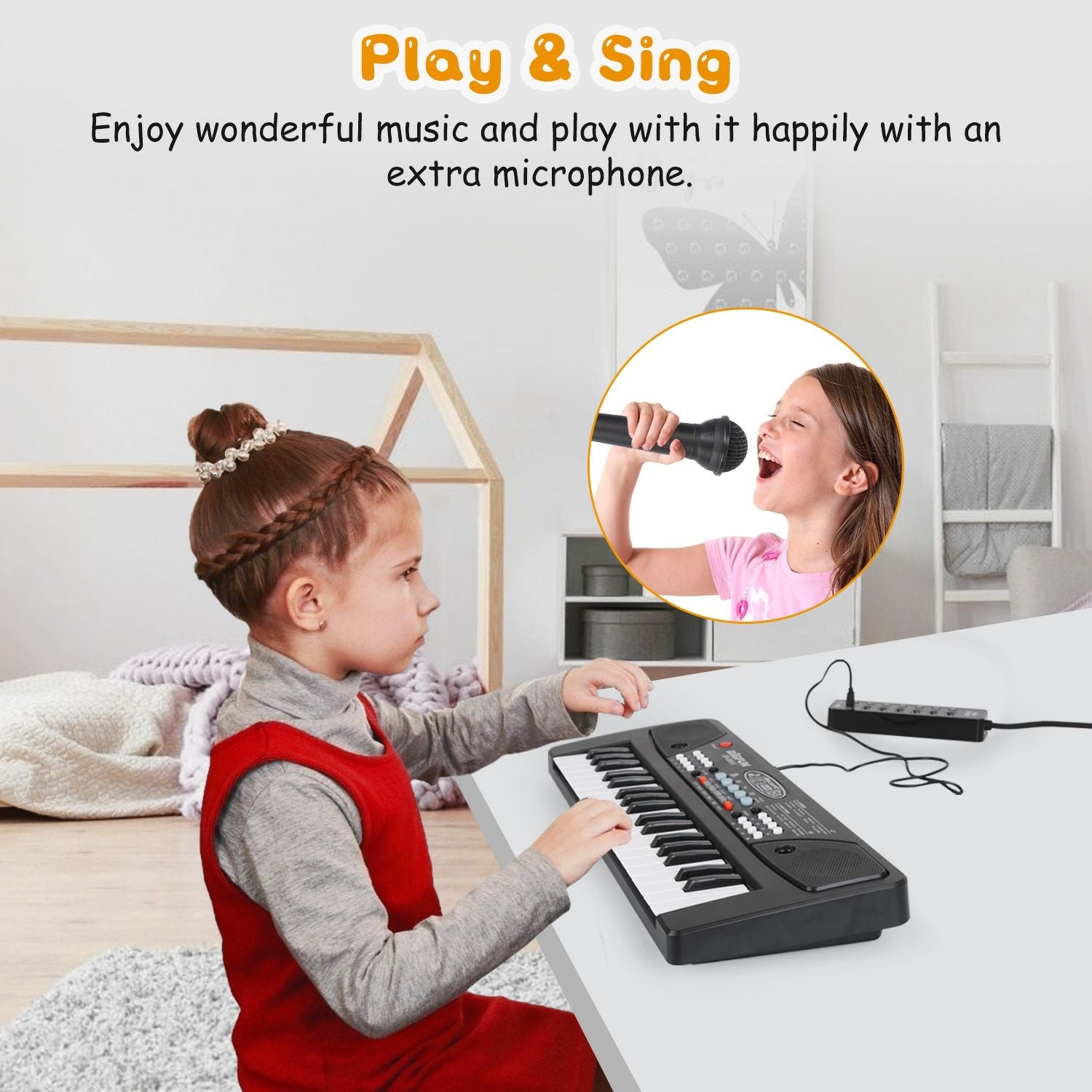 Child playing keyboard with microphone in a cozy room setting, encouraging musical creativity and fun.