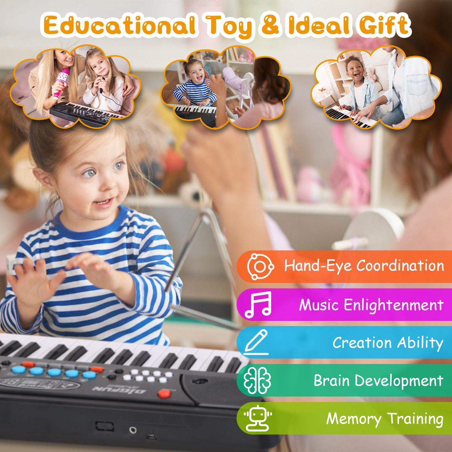 Child playing with a keyboard educational toy designed to enhance hand-eye coordination, music skills, creativity, brain development, and memory training, featuring vibrant colors and engaging elements.