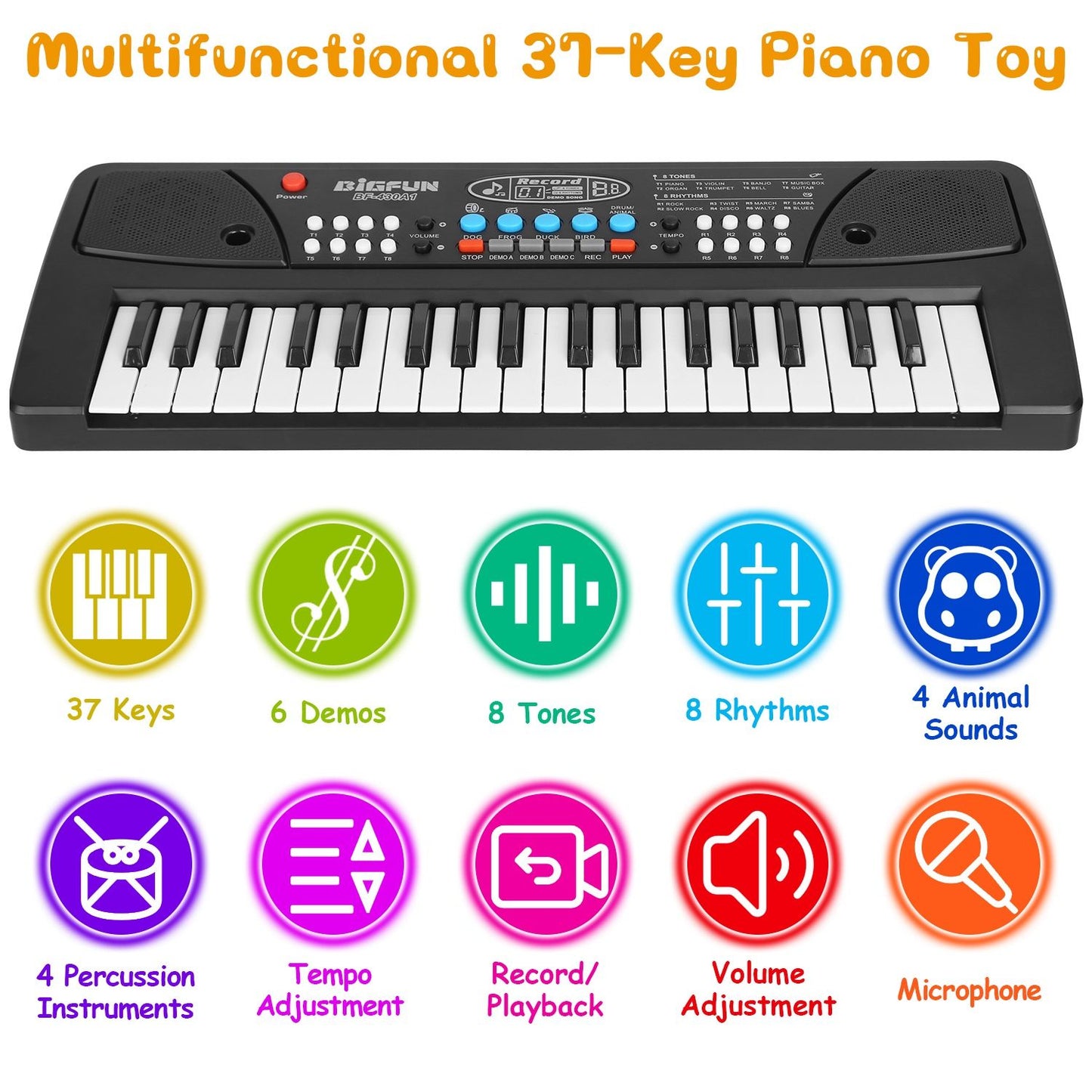 Multifunctional 37-key piano toy featuring 6 demos, 8 tones, 8 rhythms, 4 percussion instruments, tempo adjustment, record/playback function, volume adjustment, and a microphone, perfect for kids' musical exploration.