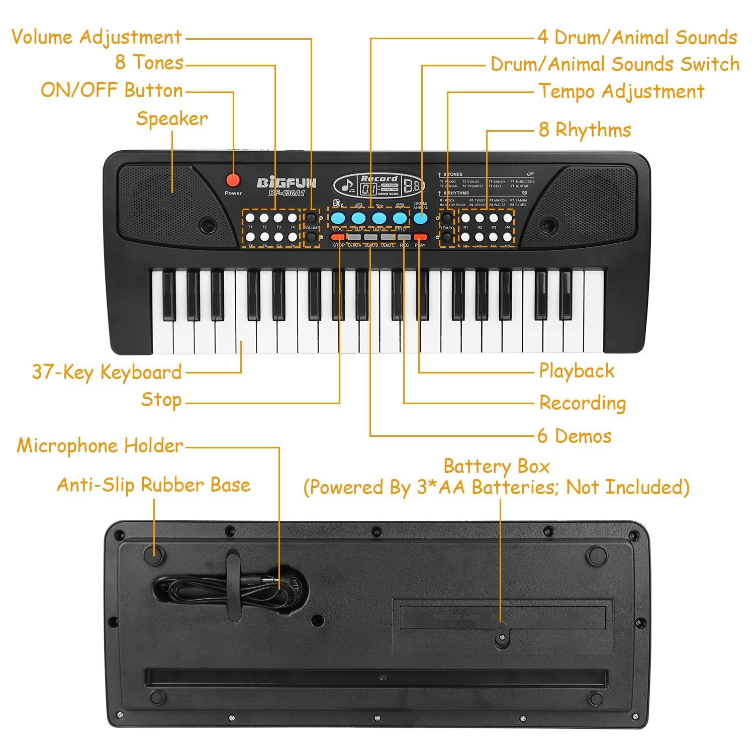 37-key electronic keyboard with 8 tones, 4 drum sounds, microphone holder, recording and playback features, and anti-slip rubber base for stability.