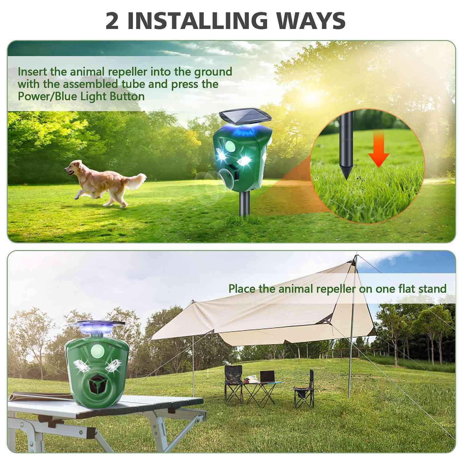 Solar-powered animal repeller with two installation methods: inserted into the ground or placed on a flat surface, designed to deter unwanted animals in outdoor spaces.