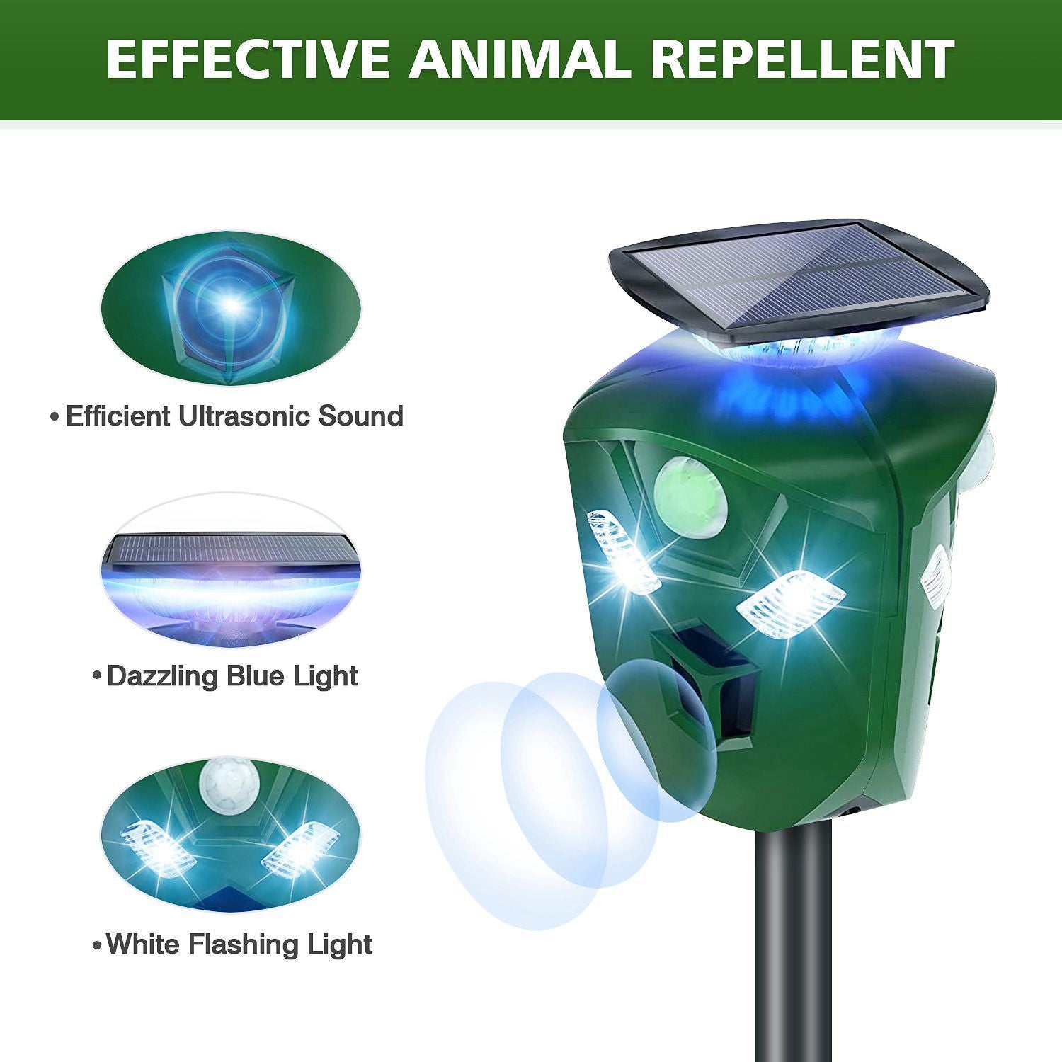 Solar-powered animal repellent device featuring ultrasonic sound and flashing blue and white lights for effective pest control.