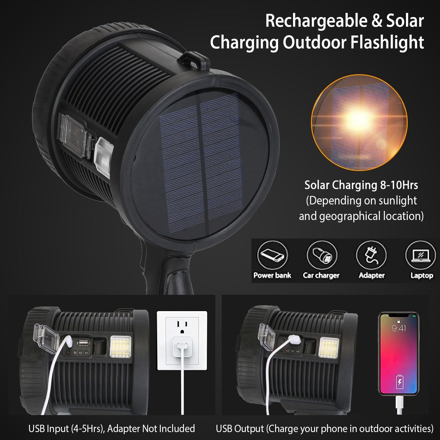 Rechargeable and solar charging outdoor flashlight with USB input/output, showcasing solar panel and charging options for versatile use.