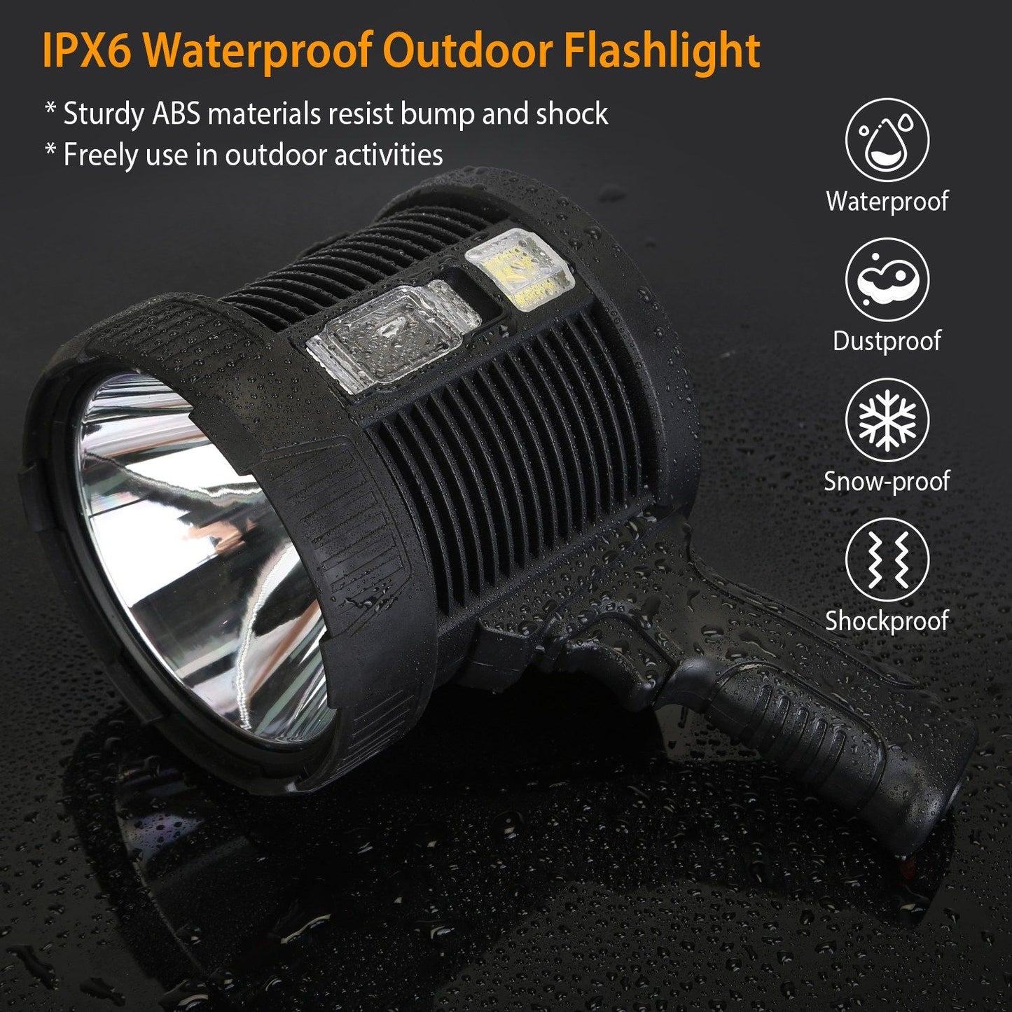 IPX6 waterproof outdoor flashlight with robust ABS materials, showcasing its reflective lens, durable grip, and resistance to dust, snow, and shock.