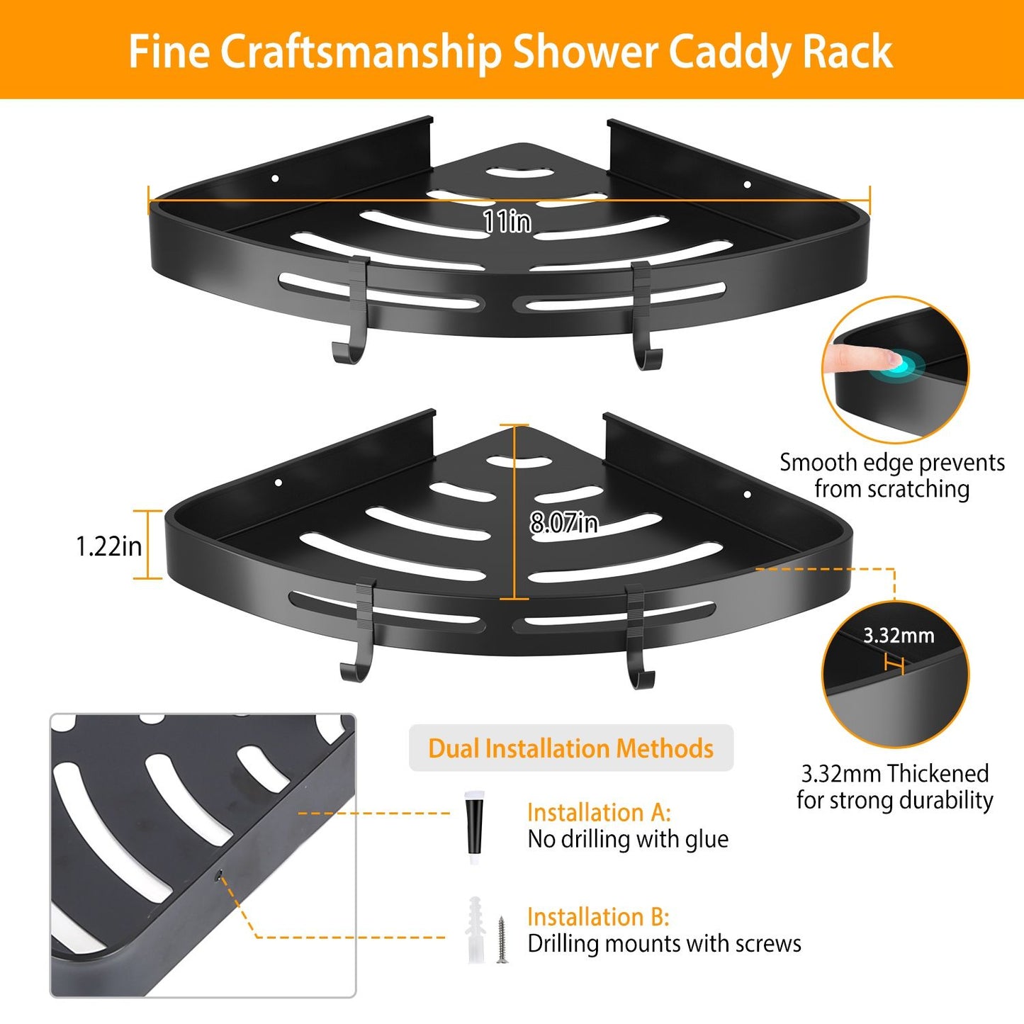 Black corner shower caddy rack with dual installation methods, featuring smooth edges and dimensions of 11in x 1.22in and 8.07in x 1.22in for efficient storage and organization in the bathroom.