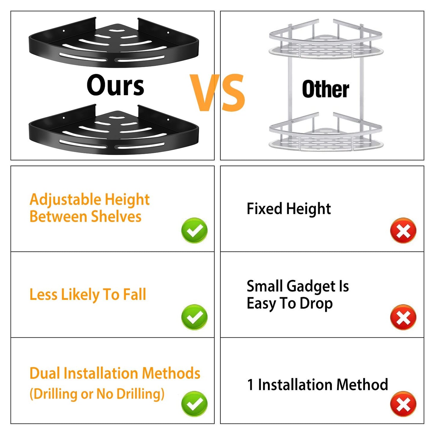 Comparison chart highlighting the features of an adjustable shower shelf versus a fixed height shelf, showcasing benefits like adjustable height, stability, and dual installation methods.