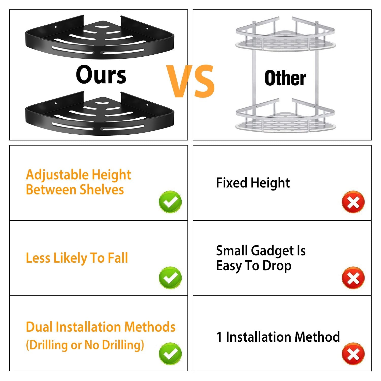 Comparison chart highlighting the features of an adjustable shower shelf versus a fixed height shelf, showcasing benefits like adjustable height, stability, and dual installation methods.