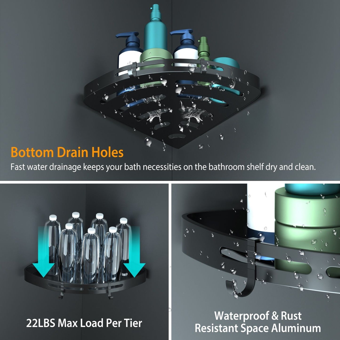 Black corner shower shelf with drainage holes, featuring bottles and containers, showcasing waterproof and rust-resistant properties, designed to hold up to 22 lbs.