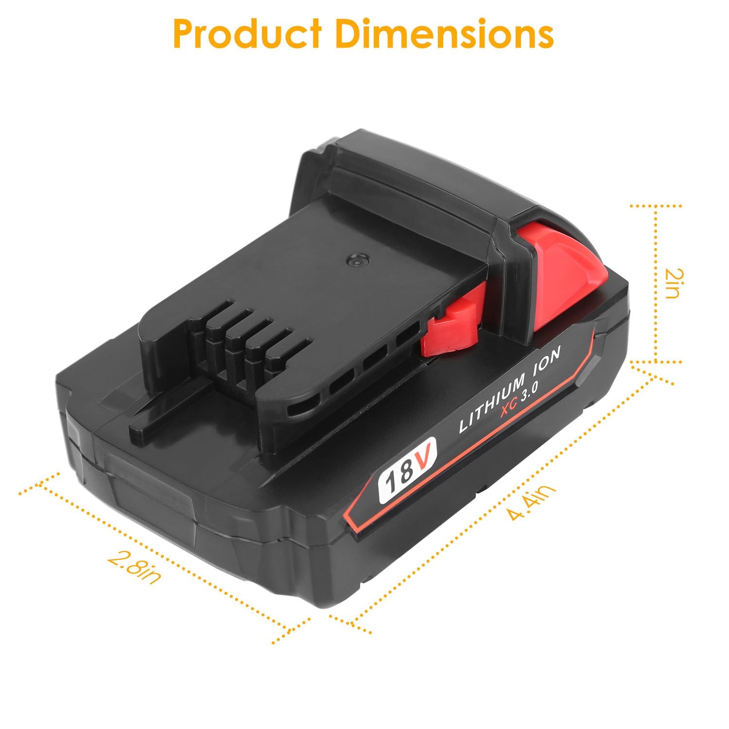 18V lithium-ion battery with dimensions of 2.8 inches height, 2 inches width, and 4.4 inches length, featuring a red release button and ventilation slots for quality performance.