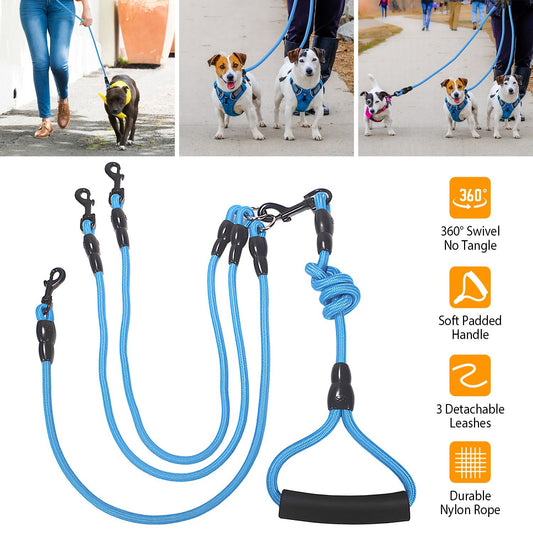 Blue multi-dog leash featuring a soft padded handle, three detachable leashes, and 360° swivel design for tangle-free walking, ideal for dog owners with multiple pets.