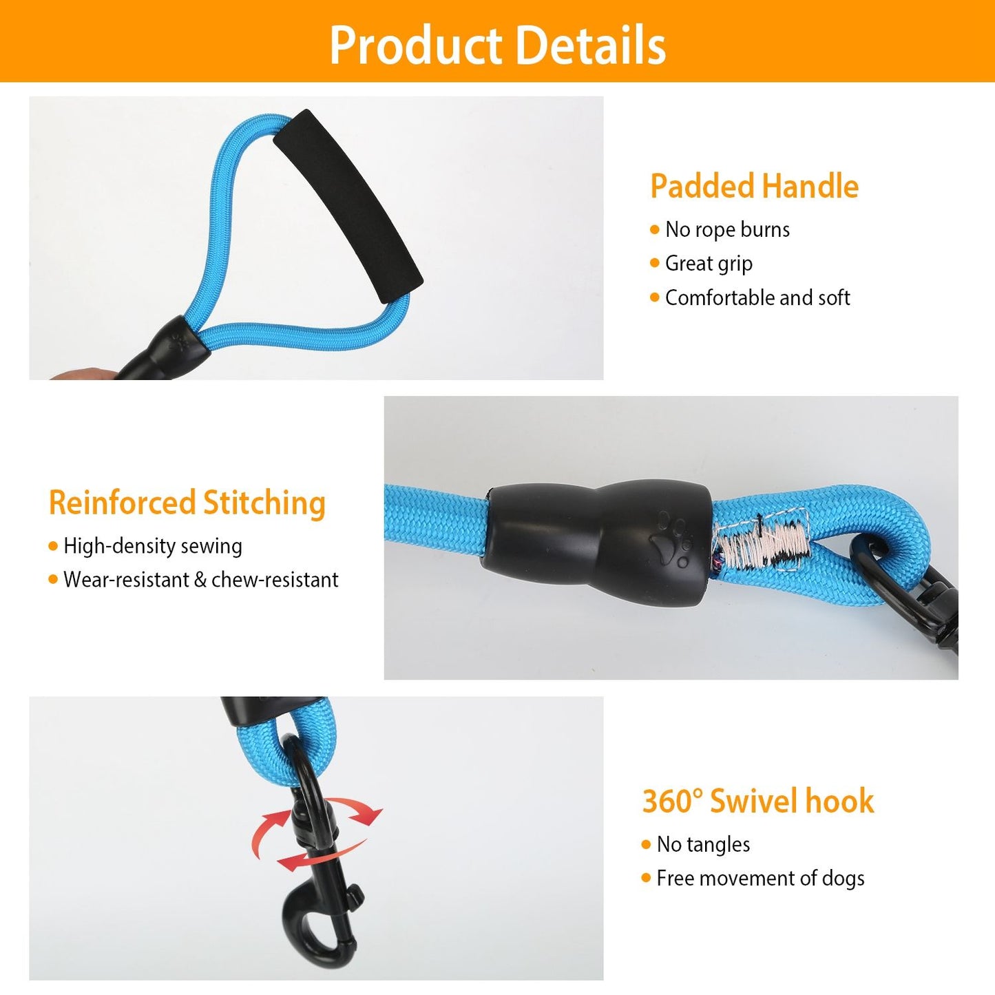 Padded dog leash with high-density reinforced stitching, featuring a comfortable grip handle and a 360° swivel hook for tangle-free movement.