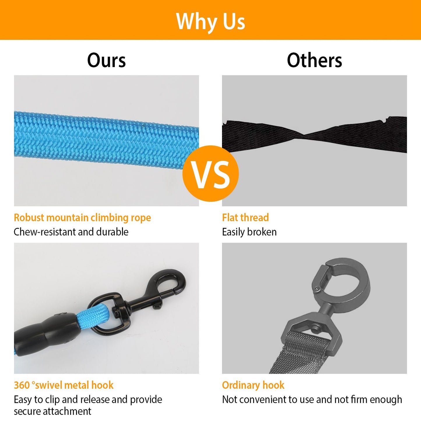 Comparison of durable mountain climbing rope with swivel metal hook versus flat thread and ordinary hook, highlighting chew-resistance and ease of use.