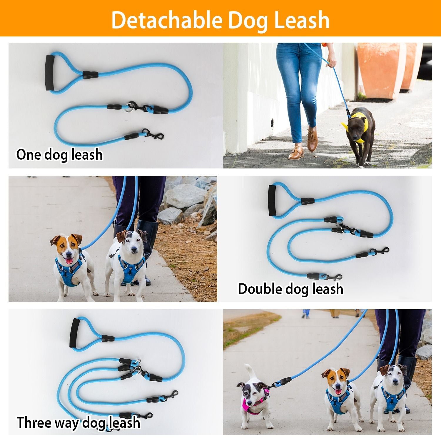 Detachable dog leash options displayed: single leash for one dog, double leash for two dogs, and three-way leash for multiple dogs, all featuring a durable blue design.