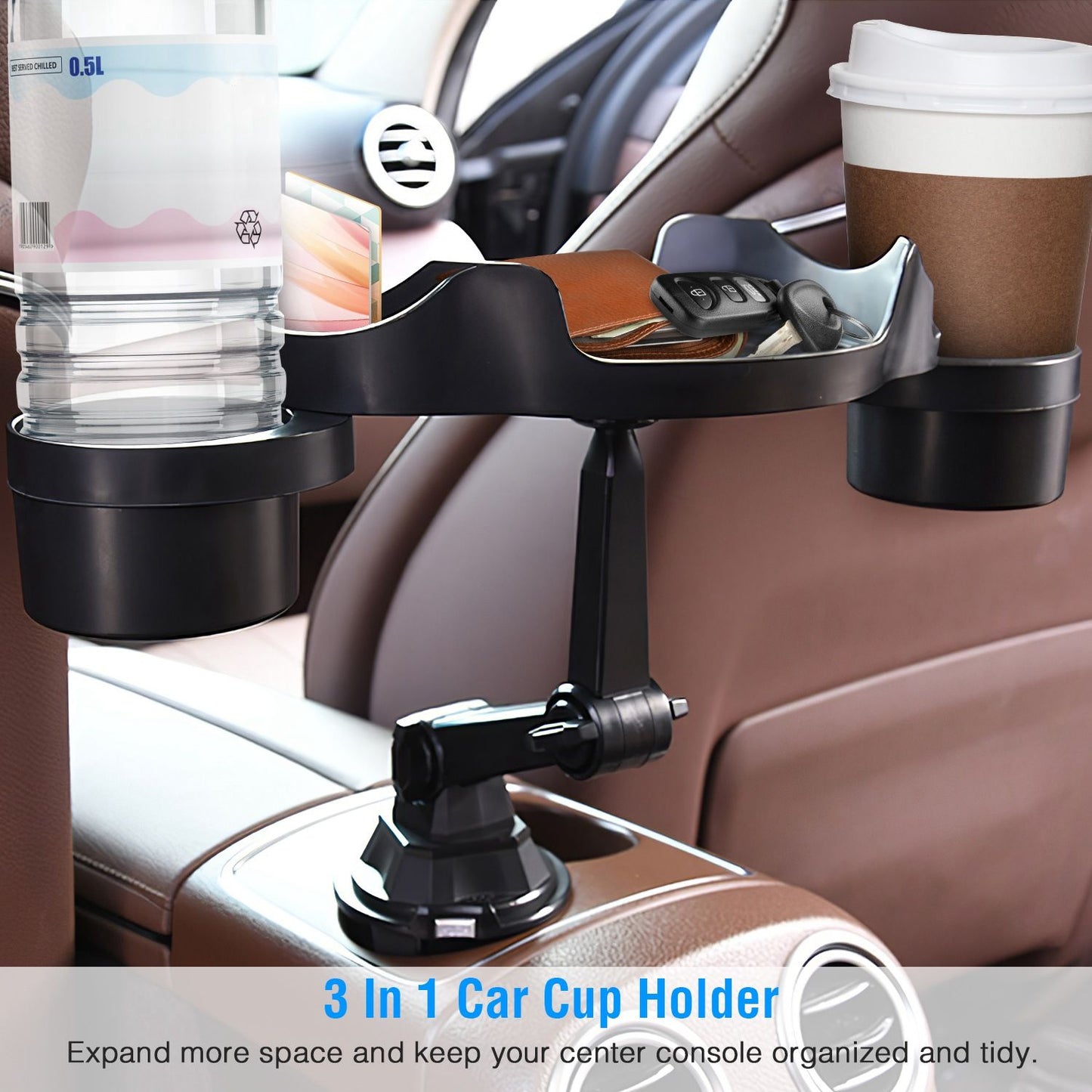 3-in-1 car cup holder with adjustable design, featuring compartments for a water bottle, coffee cup, and small items like keys, enhancing organization and space-saving in vehicle center consoles.