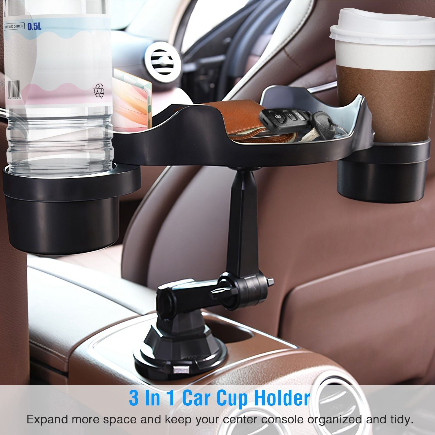 3-in-1 car cup holder with adjustable design, featuring compartments for a water bottle, coffee cup, and small items like keys, enhancing organization and space-saving in vehicle center consoles.
