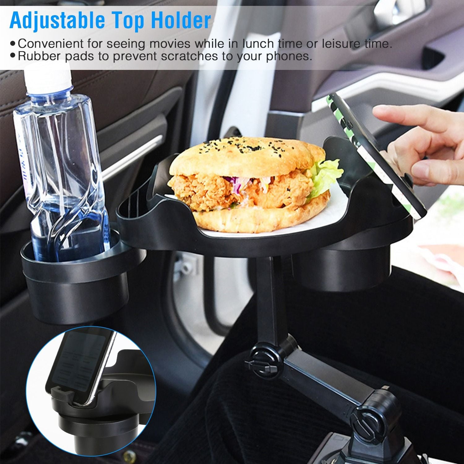 Adjustable car seat holder with compartments for a water bottle, food, and a phone, designed for convenience during travel, featuring rubber pads to protect devices from scratches.