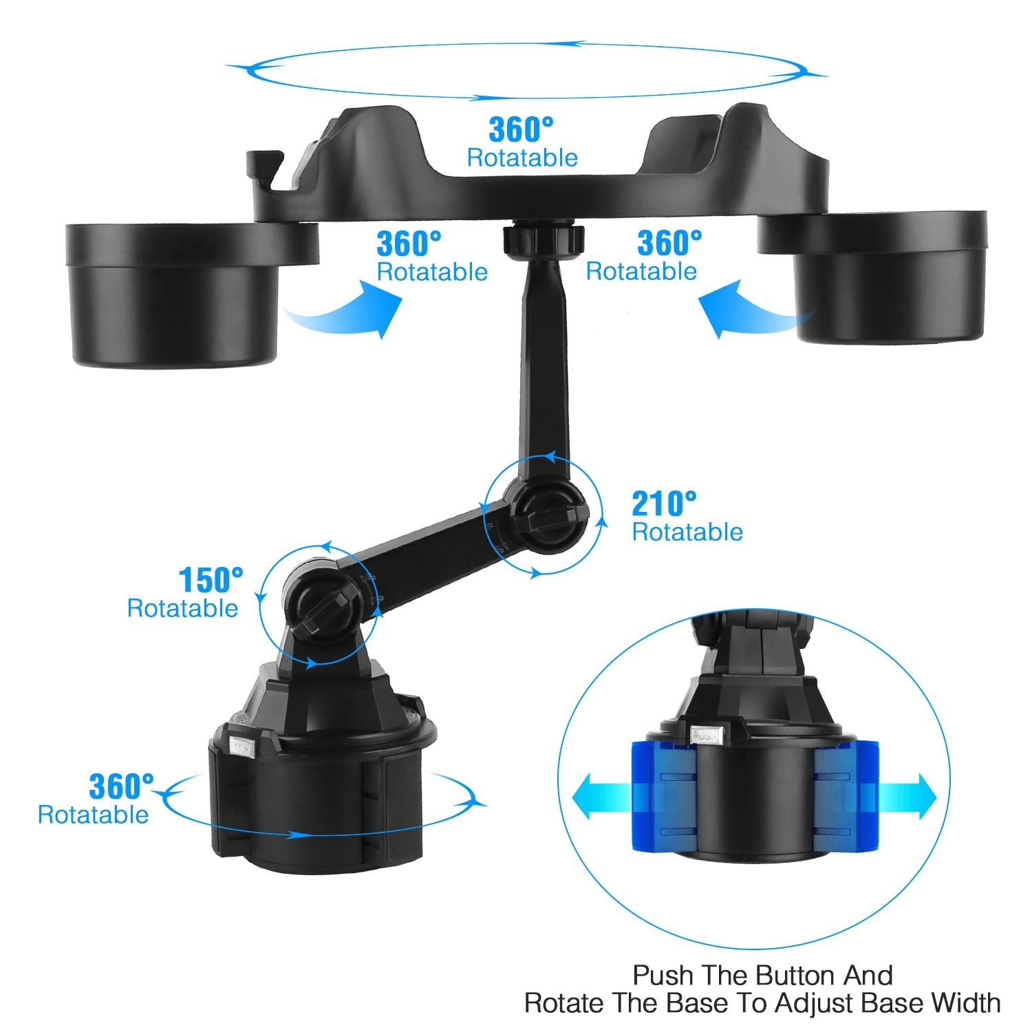 Adjustable 360-degree rotatable car phone mount with flexible arm and base width adjustment for secure device positioning.