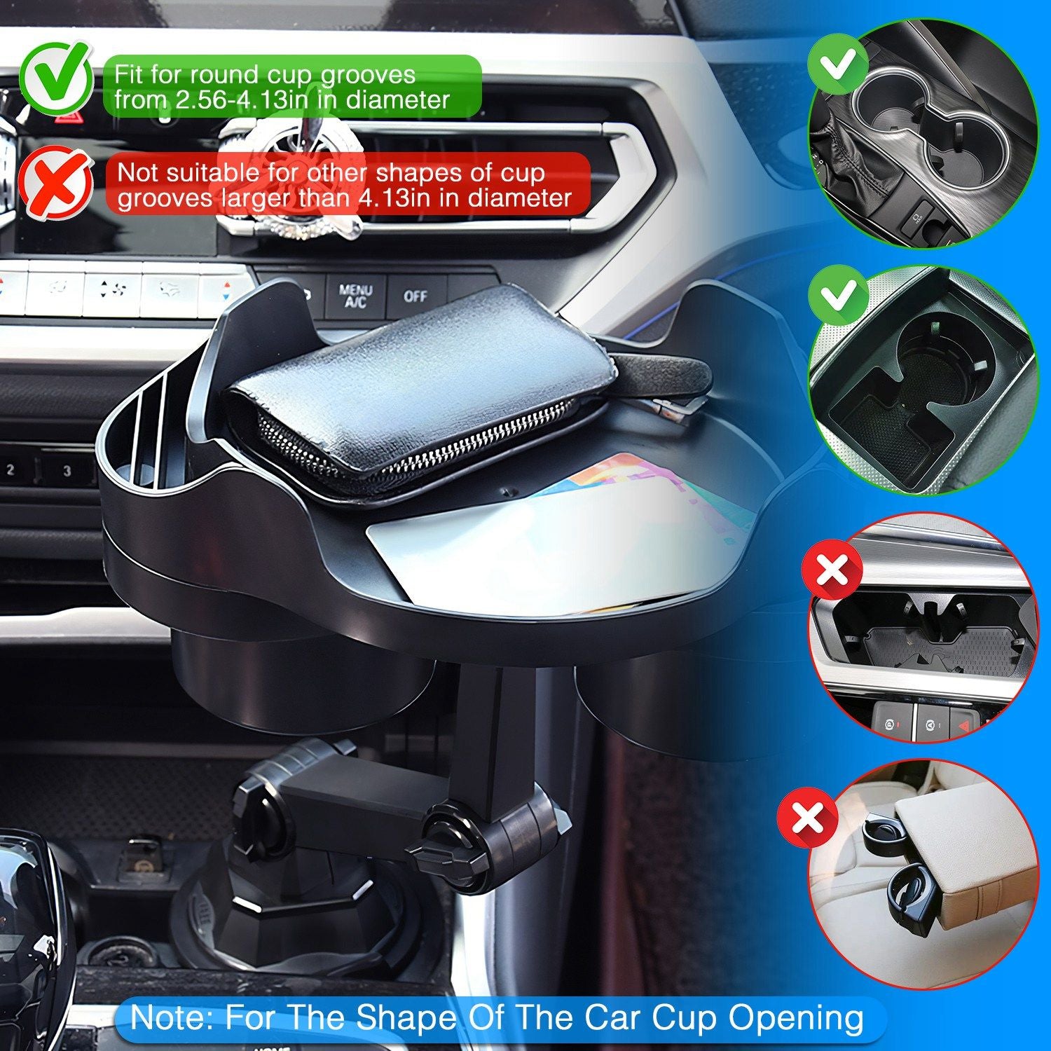 Car cup holder adapter with adjustable design, fitting round cup grooves from 2.56 to 4.13 inches, shown with a wallet and information about compatibility on a dashboard console.