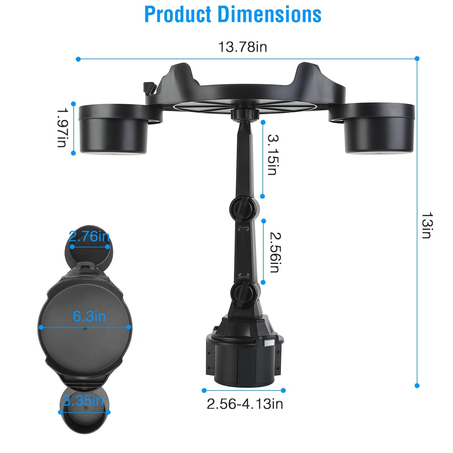 Product image showing dimensions of a black multi-functional kitchen organizer, measuring 13.78 inches in width and 13 inches in height with adjustable height components.