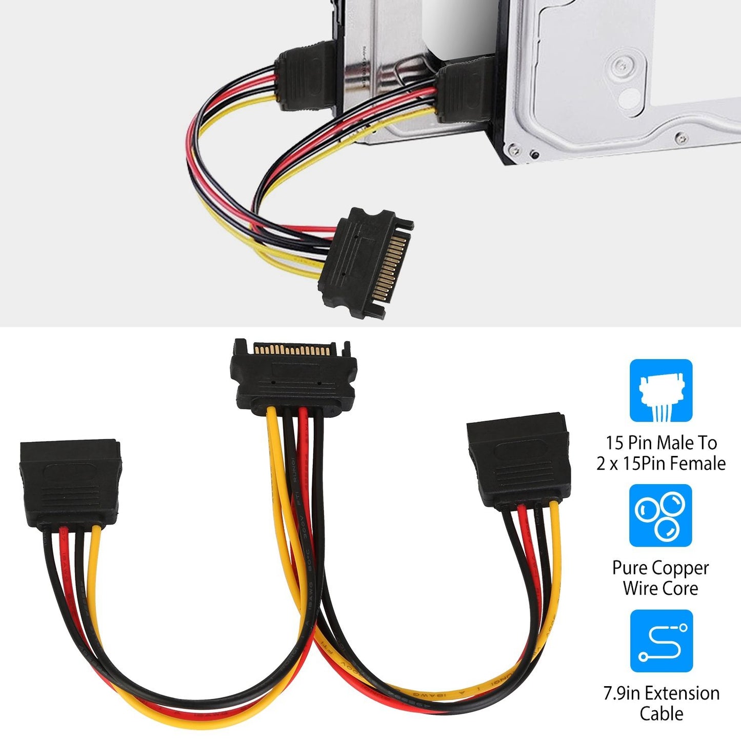 15 Pin SATA power splitter cable with 2 x 15 Pin female connectors and pure copper wire core, designed for easy connection to multiple drives, 7.9 inches in length.