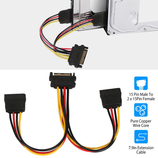 15 Pin SATA power splitter cable with 2 x 15 Pin female connectors and pure copper wire core, designed for easy connection to multiple drives, 7.9 inches in length.