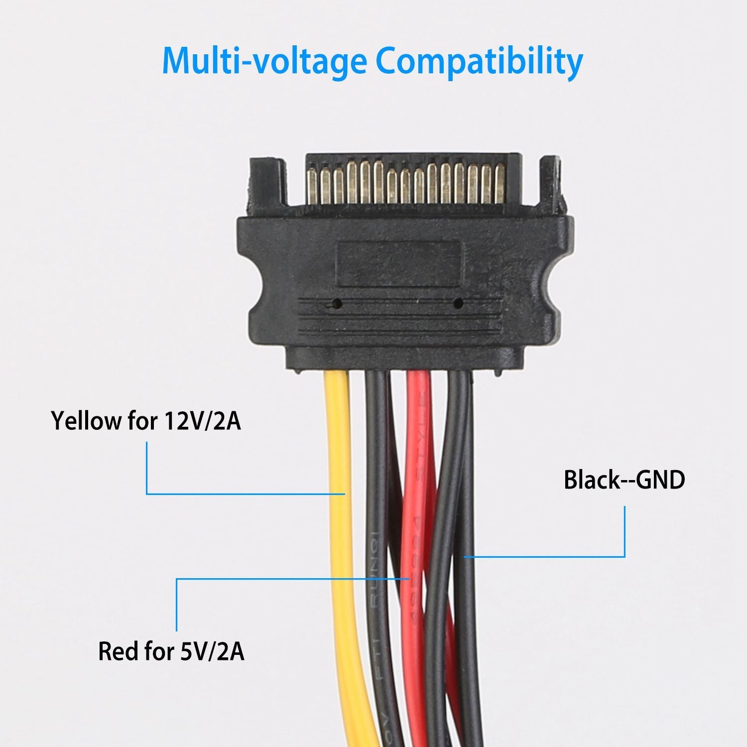 Close-up image of a multi-voltage connector showing color-coded wires: yellow for 12V/2A, red for 5V/2A, and black for ground (GND) for easy identification and usage.