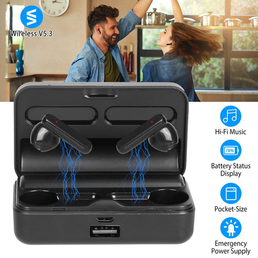 Wireless Bluetooth earbuds with charging case, featuring Hi-Fi music quality, battery status display, and emergency power supply, ideal for portable use.