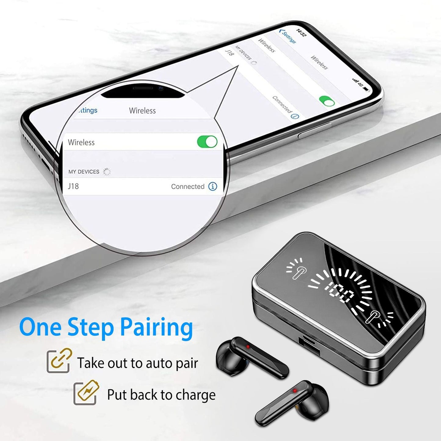 Wireless earbuds charging case with auto pairing feature, displaying Bluetooth connection on smartphone screen, featuring sleek design and LED battery indicator.