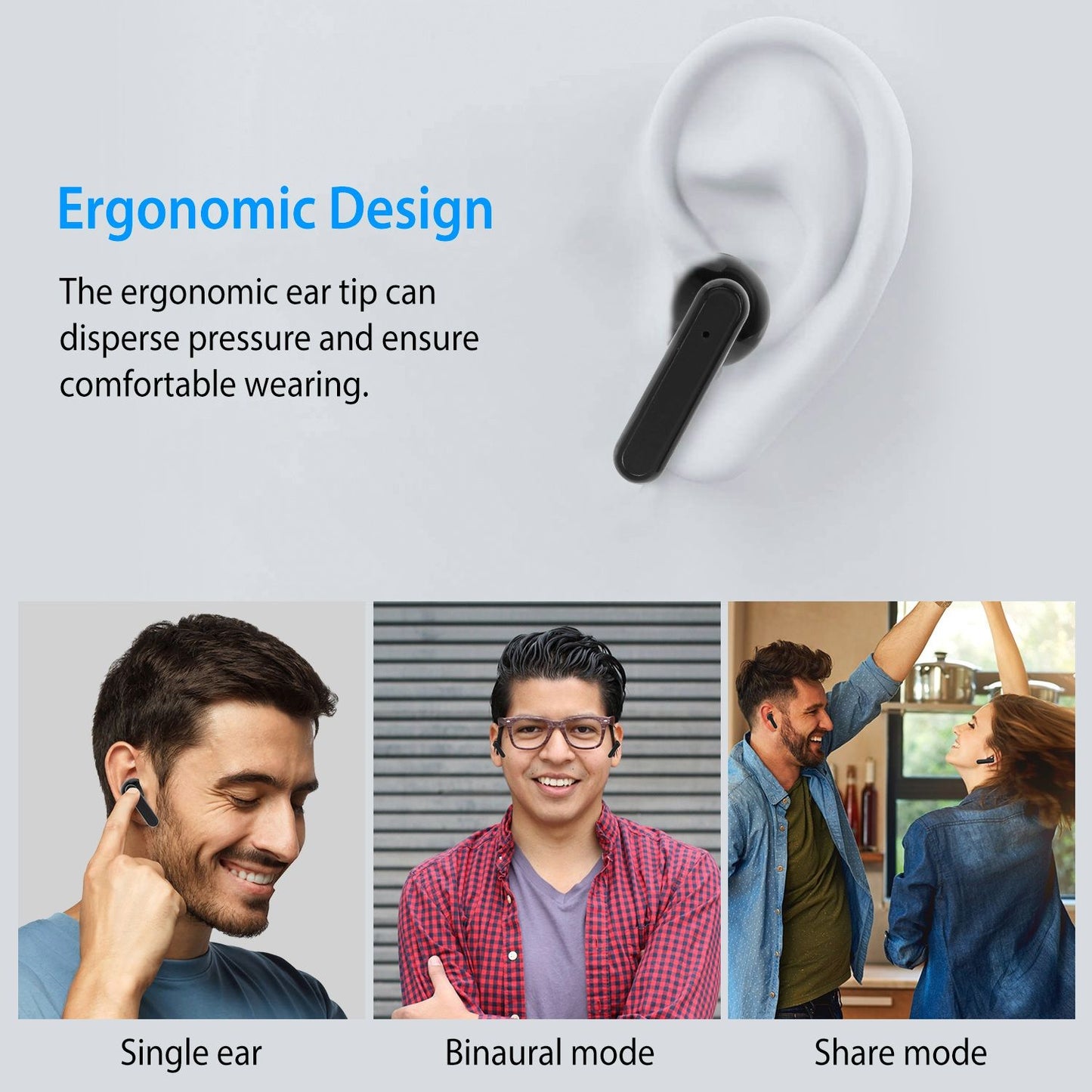 Ergonomic wireless earbud designed for comfort with multiple usage modes, showcasing its placement in an ear and different listening options.