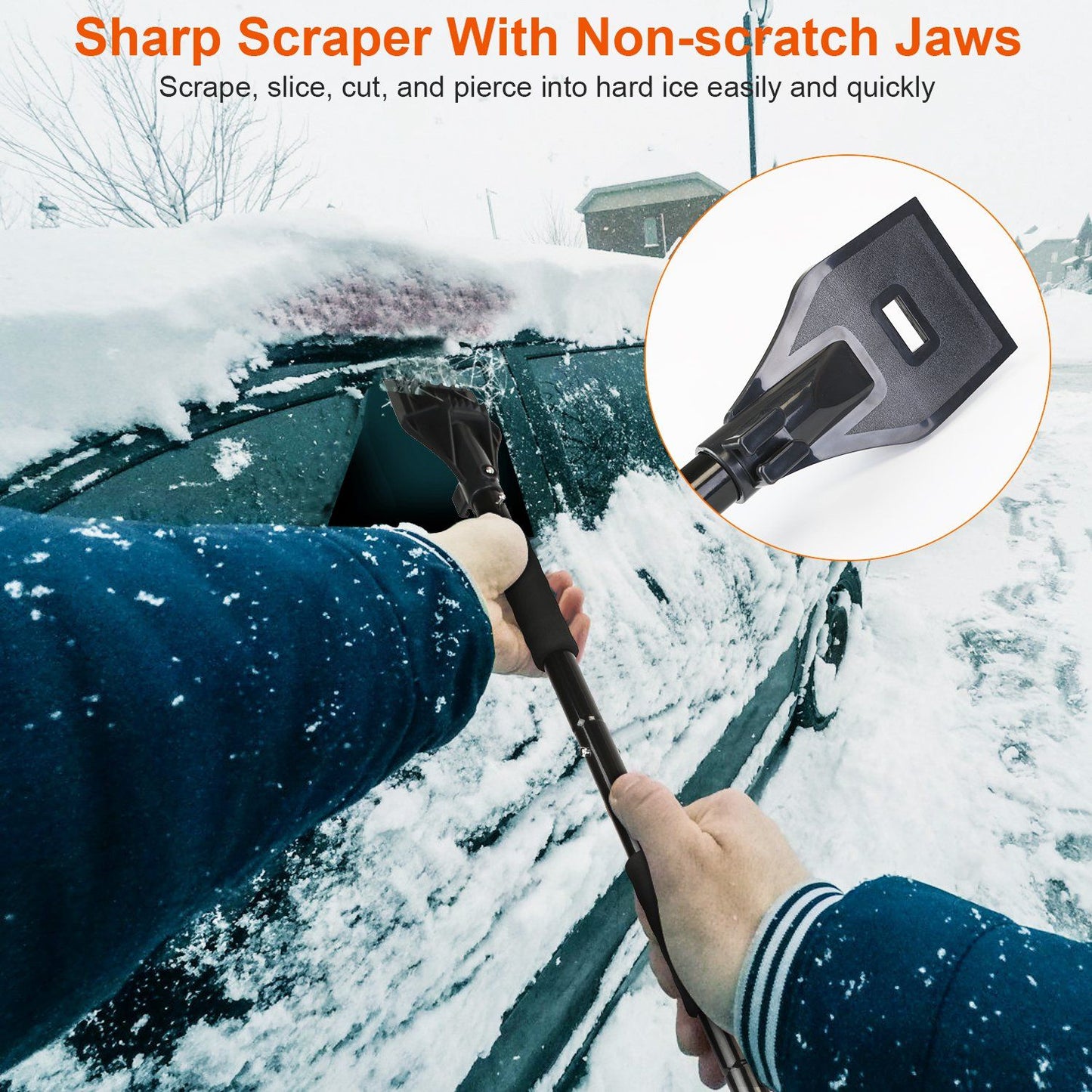 A person using a sharp non-scratch ice scraper to remove snow and ice from a car window in a winter setting.
