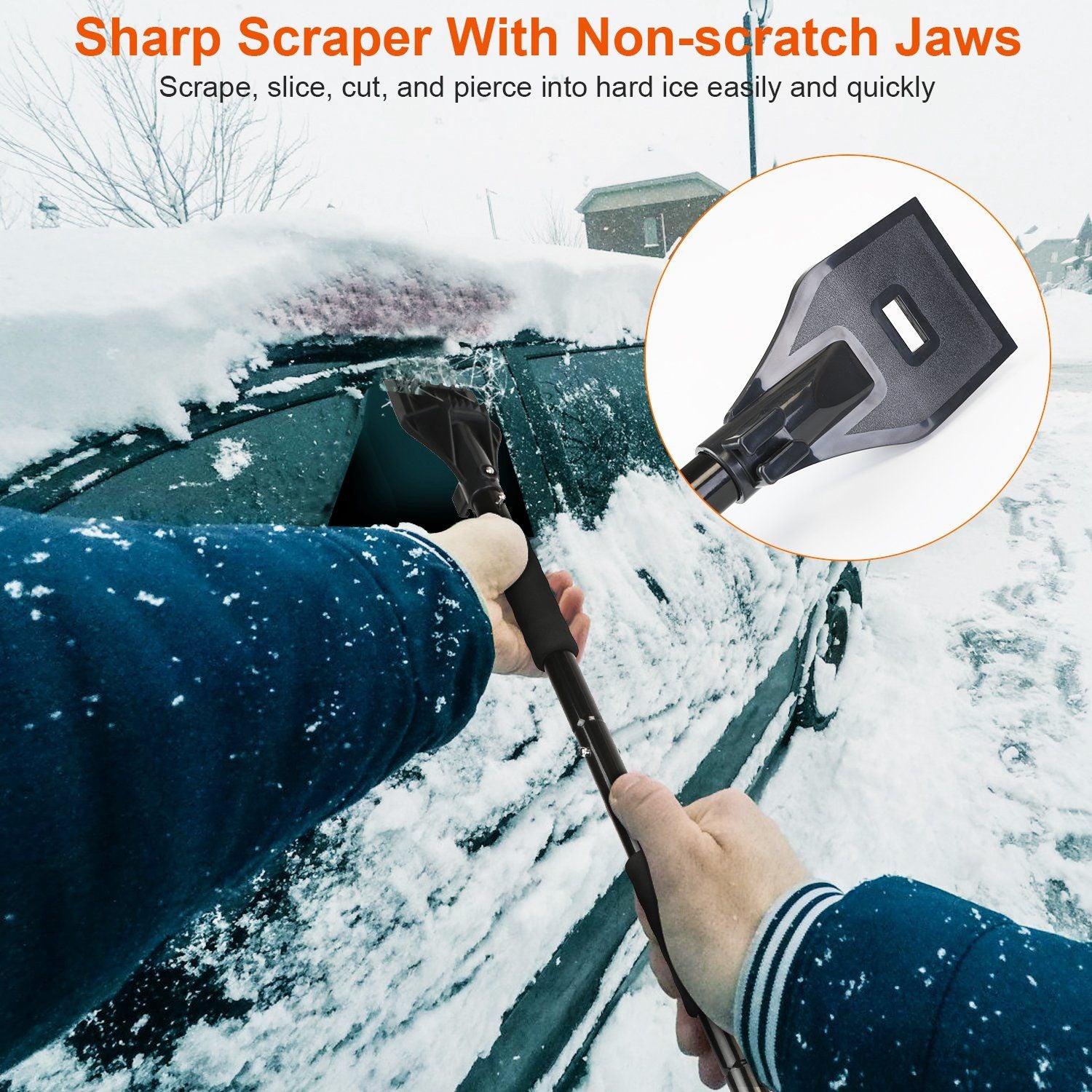 A person using a sharp non-scratch ice scraper to remove snow and ice from a car window in a winter setting.